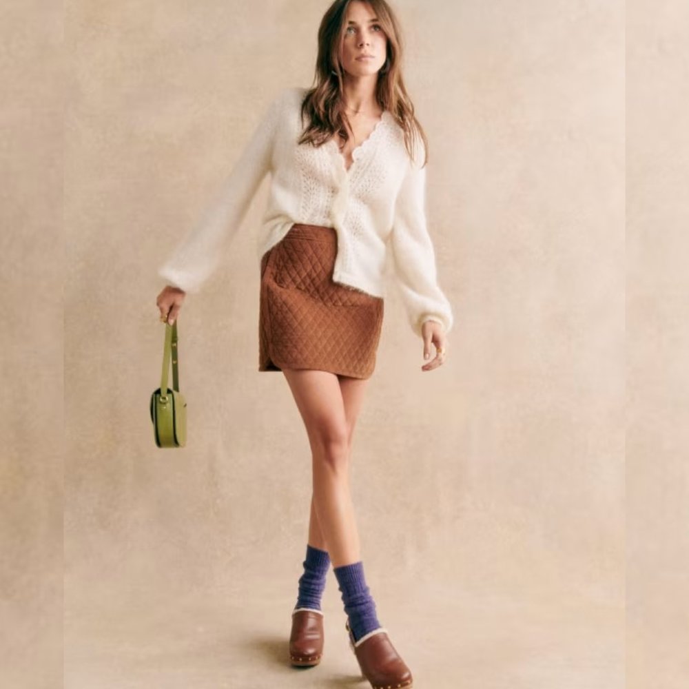 Sézane Angelie Cardigan in Ecru Ivory White Wool Blend Long Sleeves